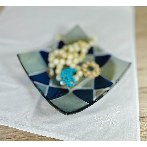 Fused Dichroic Art Glass Trinket Dish Bowl Square Iridescent  VTG 7" W Blue - Picture 7 of 8